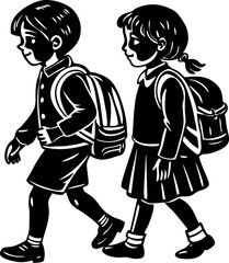Friendship day Two school children walking side by side to school with backpacks in a black and white vector illustration
