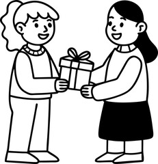 happy Friendship day, Two smiling girls sharing a gift box depicted in a simple black and white line art style perfect for greeting cards and children's illustrations