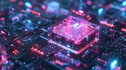 Fototapeta premium Revolutionizing technology with AI a futuristic circuit board glows with dynamic pink and blue neon