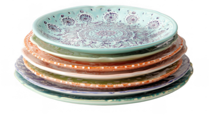 Stacking ceramic plates in various pastel colors, each featuring unique hand painted designs, creates a beautiful collection of tableware against a transparent background