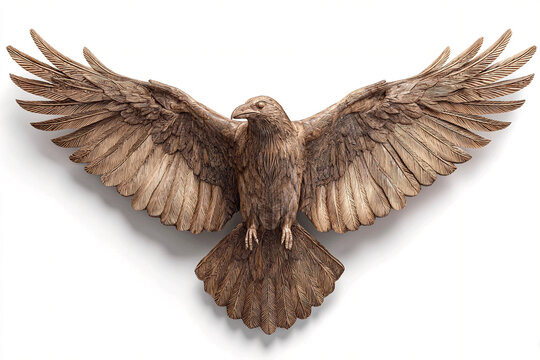 A photorealistic wooden sculpture of a Norse raven with outstretched wings