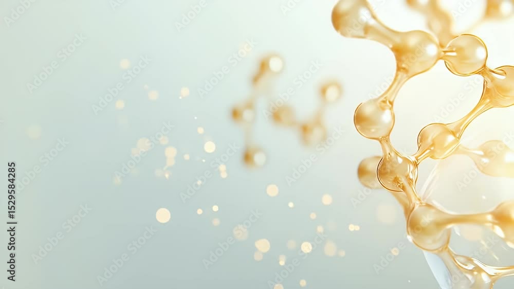 Poster molecular structure rendered in 3d with golden spheres on a soft grey background with bokeh for scie