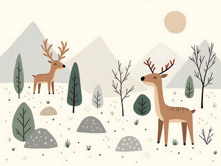 Doodle illustration of cute deer against the backdrop of mountains, trees, and the sun