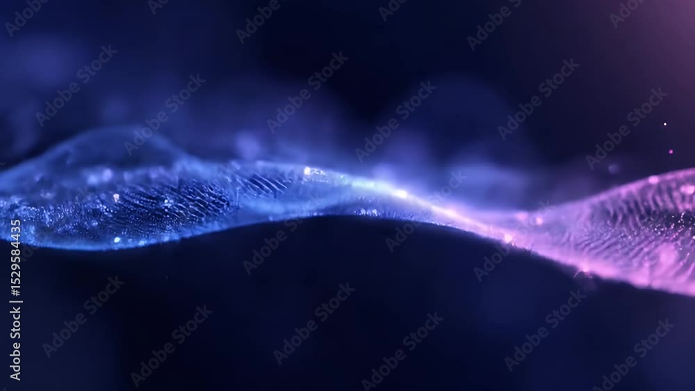 Poster abstract glowing blue and pink particle wave flowing against a dark background depicting a digital n
