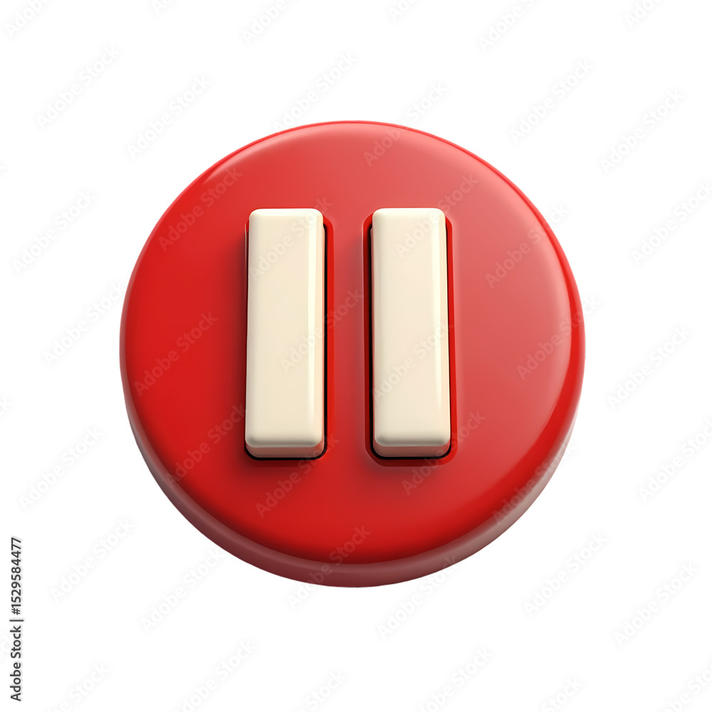 Poster glossy red pause button with two white vertical bars in the center isolated on transparent backgroun