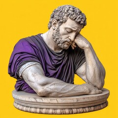 Pensive Marble Bust in Purple Garment Against Yellow Background