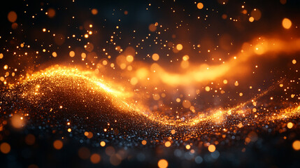 Abstract Golden Particles Wave, Dark Background, Sparkling Effect