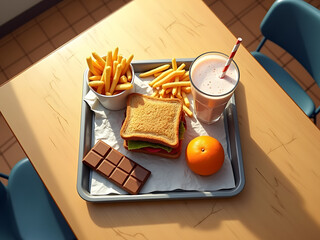 School lunch on a tray on a table in the school cafeteria