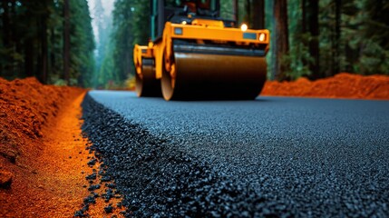 A steamroller compacts freshly laid asphalt on a forest road surrounded by rich red soil and tall green trees.