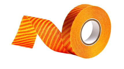 Orange kinesiology tape roll unrolling, creating an elegant swirl against a transparent background, ideal for sports, fitness, and physiotherapy concepts