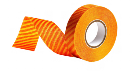 Orange kinesiology tape roll unrolling, creating an elegant swirl against a transparent background, ideal for sports, fitness, and physiotherapy concepts