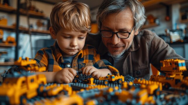 A heartwarming scene of an elderly grandfather and his young grandson deeply focused on building toy cars together, showcasing the joy of family bonding and creativity.