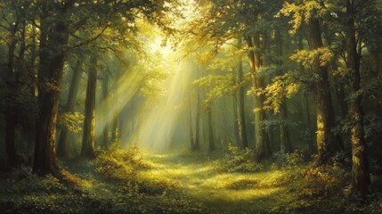 Obraz premium Sunlit Forest Path: Golden Rays and Lush Greenery