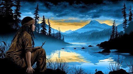 Person Contemplates Serene Sunset Lake and Mountain View