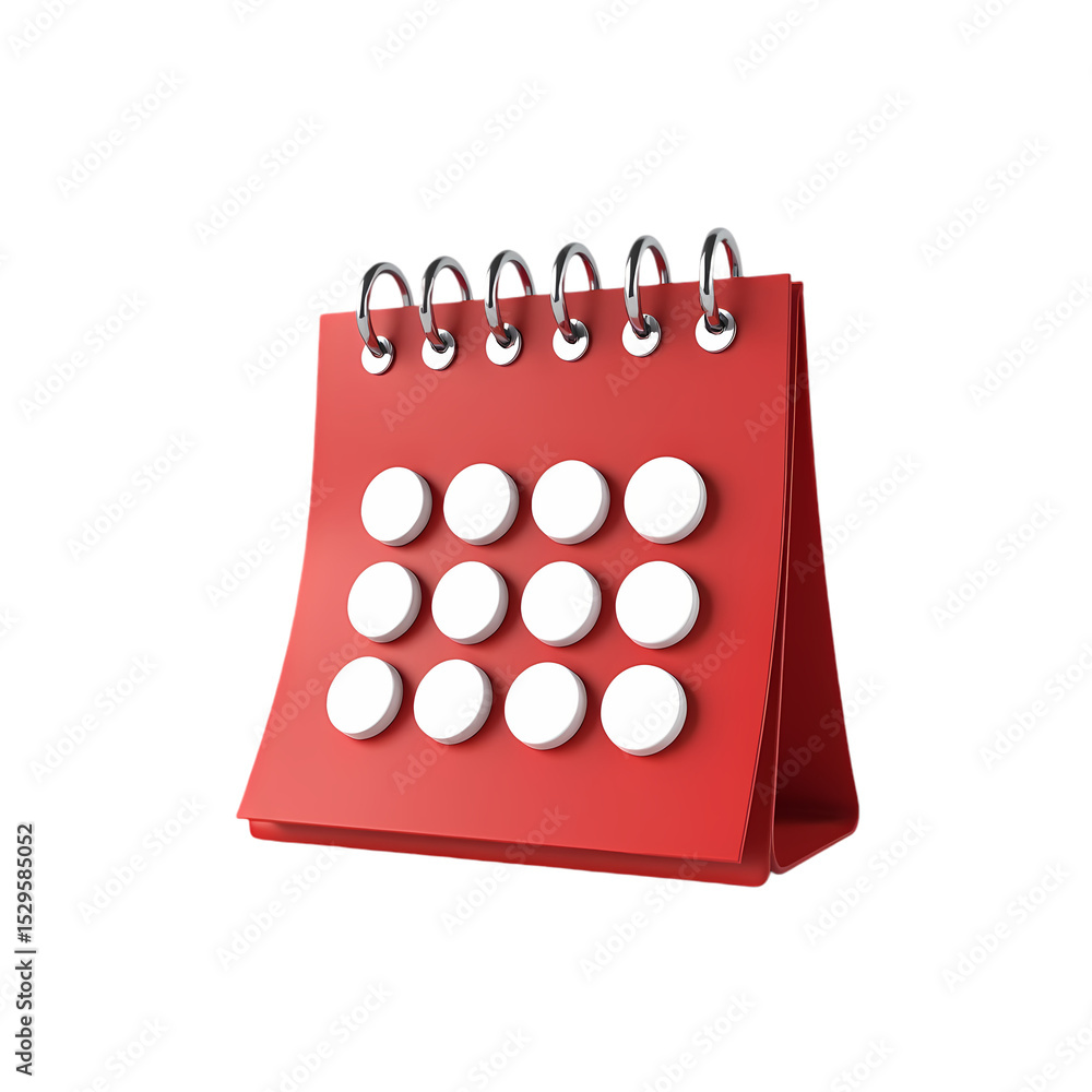 Poster a red calendar with white circles rendered d isolated on transparent background