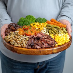 Person Holding a Wooden Platter with Grilled Steak and Colorful Vegetables