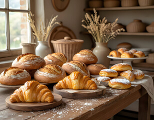 Rustic wooden table laden with an assortment of freshly baked breads, golden-brown croissants, and delicate pastries. Countryside bakery.