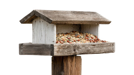 Full bird feeder resting on a weathered wooden post, offering nourishment for wild birds in a serene garden setting, creating a peaceful atmosphere for nature enthusiasts