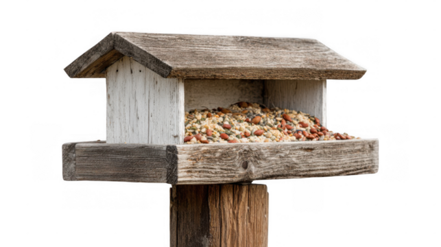 Full bird feeder resting on a weathered wooden post, offering nourishment for wild birds in a serene garden setting, creating a peaceful atmosphere for nature enthusiasts