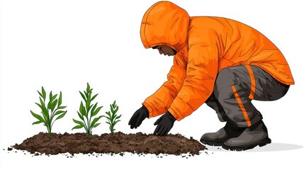 Person in Orange Jacket Planting Seedlings in Soil