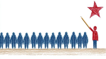 Person in Red Drawing a Large Star Above Blue Figures