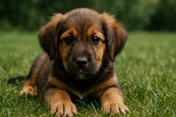 small brown puppy sitting on grass, looking up at camerwith its front paws stretched out.