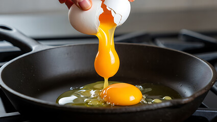 Egg yolk pouring into cast iron skillet for cooking
