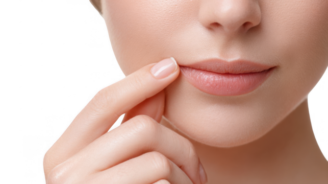 Close up of a woman gently touching her face, showcasing smooth skin and natural lip color, with a transparent background for easy integration into various designs