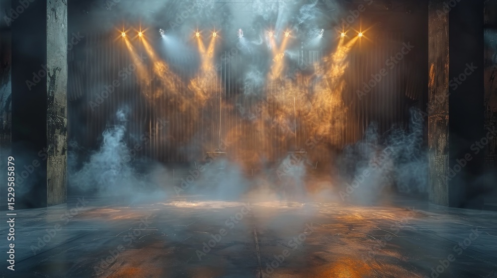 Poster an empty stage illuminated with warm lights and enveloped in swirling smoke, creating an inviting at