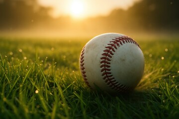 Baseball on grass in sunlight.