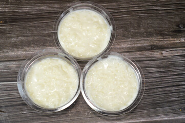 Rice pudding, a dish made from rice, corn flour, sugar mixed with water or milk and other ingredients such as cinnamon, vanilla and raisins, it is called Riz au lait, Sütlaç, Sholezard and moghli