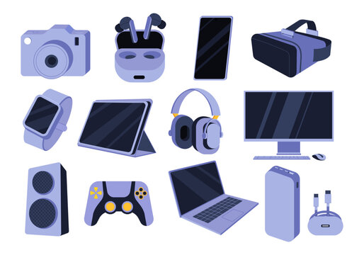 Tech gadgets set. Laptop, Smartwatch, Column loud speaker, tablet, Computer monitor, Console game controller, Headphones, camera, VR Glases. Flat vector illustrations isolated on white background.