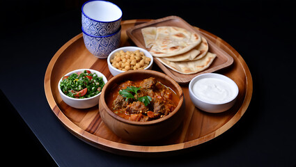 Delicious middle eastern lamb stew platter with sides