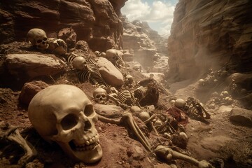 Bones litter desert canyon path ahead