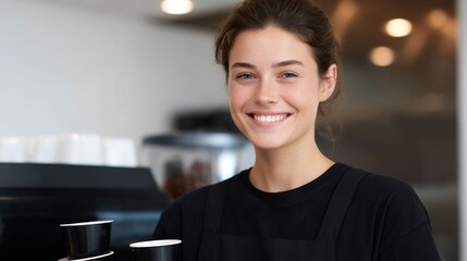 A cheerful barista smiles while holding two coffee cups in a cozy cafe. This image captures the essence of warmth and hospitality in a modern coffee shop setting. AI