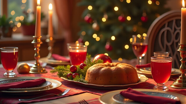 Cozy Holiday Table Setting with Mulled Wine, Plum Cake, and Festive Decorations for Gatherings