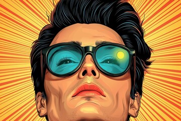 Pixelated Close up of Man in Sunglasses with Sun Reflection on a Radial Backdrop