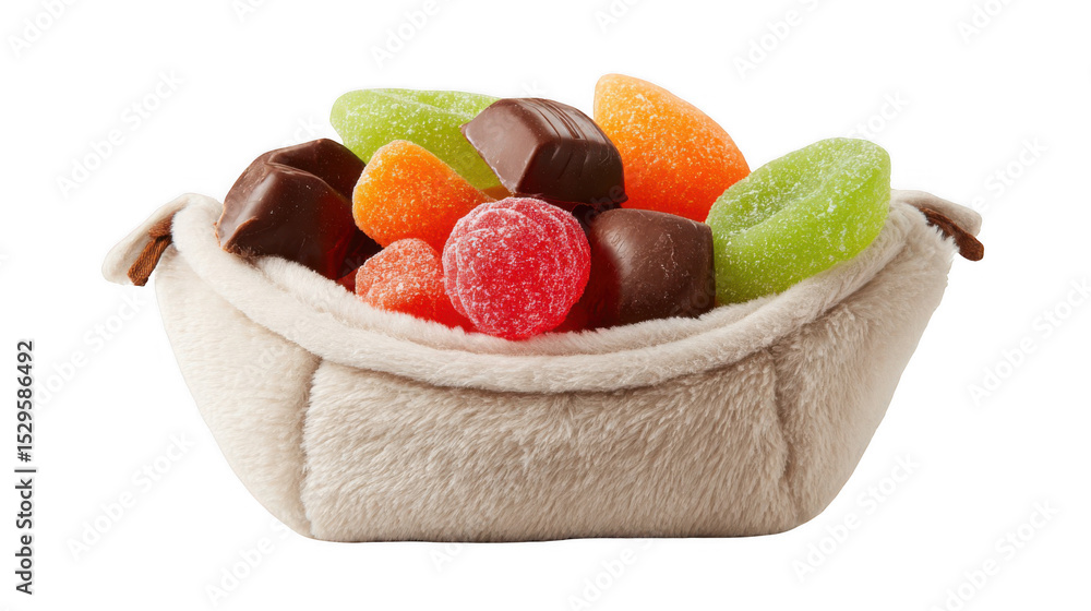 Poster plush saddlebag is overflowing with a mix of colorful gummy candies and chocolate squares, creating 