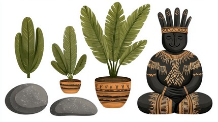 Pixelated Ferns Stones and Indigenous Figure Digital Art on White Background