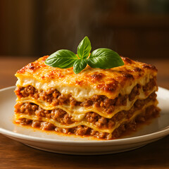 A delicious, layered lasagna with rich meat sauce and melted cheese, garnished with fresh basil, steaming on a white plate