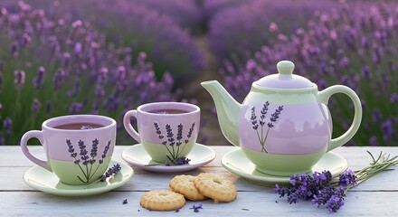 Fototapeta premium A whimsical ceramic tea set in soft lavenders and pale greens, adorned with embossed lavender sprigs. The teacups hold calming lavender herbal tea, with a floating lavender blossom. 