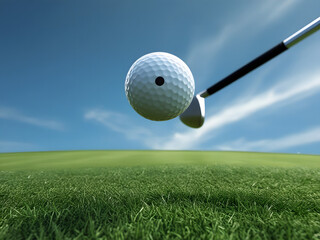 A golf club and a flying golf ball against a background of green grass and blue sky