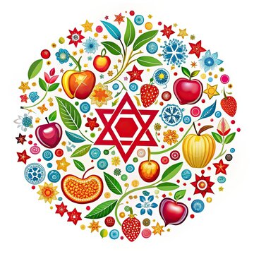 Rosh Hashanah floral mandala, Star of David with apples and honey fruits