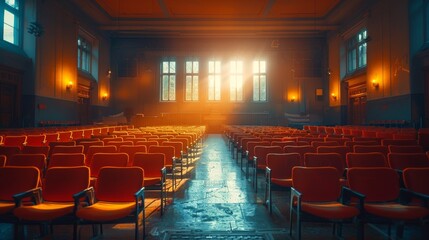 Naklejka premium A captivating view of an empty auditorium filled with warm, inviting light, creating an atmosphere of anticipation and potential for future gatherings and events.