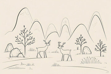 Minimalistic doodle style drawing: deer against a background of mountains and trees