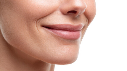 Obraz premium Close up of smiling woman's lips and chin showing perfect skin and gentle expression on transparent background, perfect for beauty, cosmetics and skincare projects