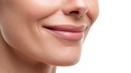 Close up of smiling woman's lips and chin showing perfect skin and gentle expression on transparent background, perfect for beauty, cosmetics and skincare projects