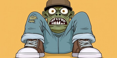 Pixelated Green Zombie with Blue Jacket and Sneakers on Orange Background Illustration
