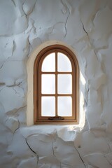 Rustic Stone Wall with Arched Wooden Window in Sunlight