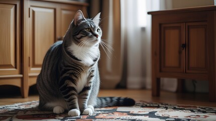 Gray Tabby Cat Sitting on Carpeted Floor Near Wooden Furniture